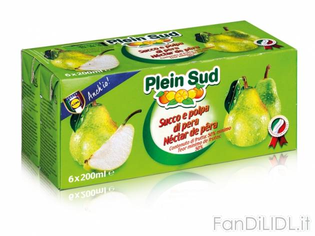 Succo e polpa di pera Plein Sud, prezzo 0,75 &#8364; per 6x 200 ml, € 0,63/l EUR.