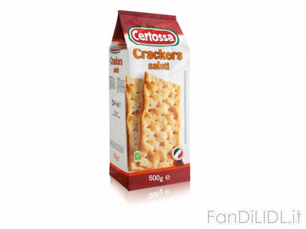 Crackers salati Certossa, prezzo 0,69 &#8364; per 500 g, € 1,38/kg EUR. 
- ...