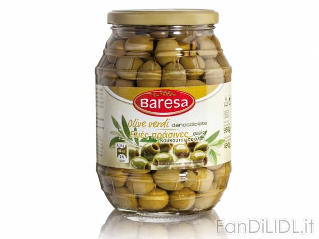 Olive verdi denocciolate Baresa, prezzo 1,69 &#8364; per 490 g (peso sgocc.), ...