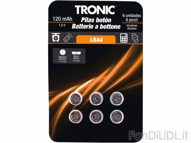 Batterie a bottone, 6 pezzi , prezzo 1.99 &#8364; 
LR44: 1,5 V
CR2016, CR2025, ...