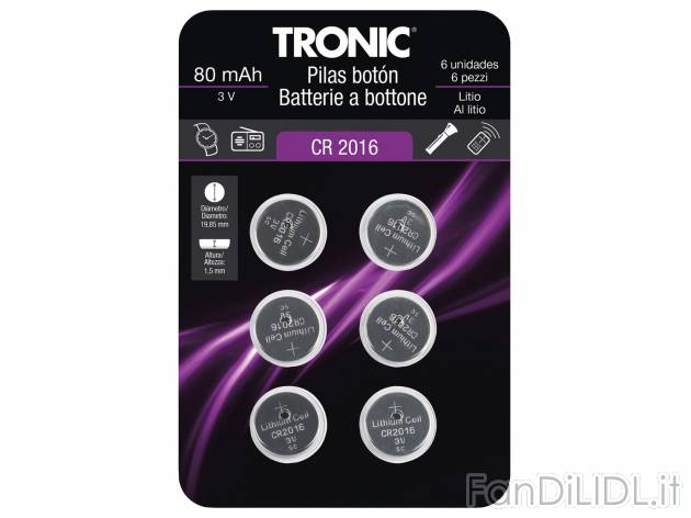 Batterie a bottone, 6 pezzi , prezzo 1.49 &#8364; 
- LR44, CR 2016, CR 2025, ...