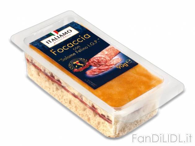 Focaccia con Salame Felino IGP Italiamo, prezzo 1,49 &#8364; per 90 g, € 16,56/kg ...