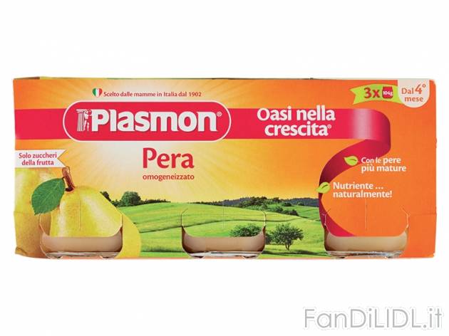 Omogeneizzato pera, 4 frutti, mela o prugna , prezzo 1,39 &#8364; per 3x104g-confezione, ...