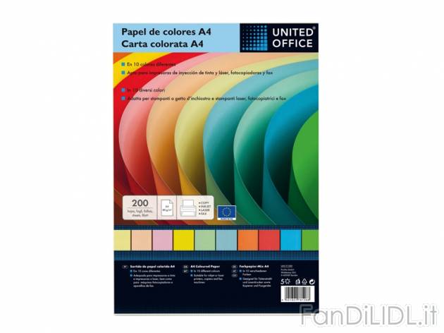 Carta colorata A4, 200 fogli United Office, prezzo 2,99 &#8364; per Alla confezione ...