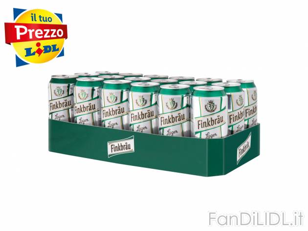 Birra lager Finkbrau, prezzo 4.20 € 
Vendita al cartone 18 pezzi di cui 6GRATIS ...