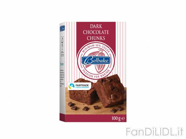 Pezzetti di cioccolato Fairtrade, prezzo 0.99 € 
- Fondente o al latte
- Cacao ...