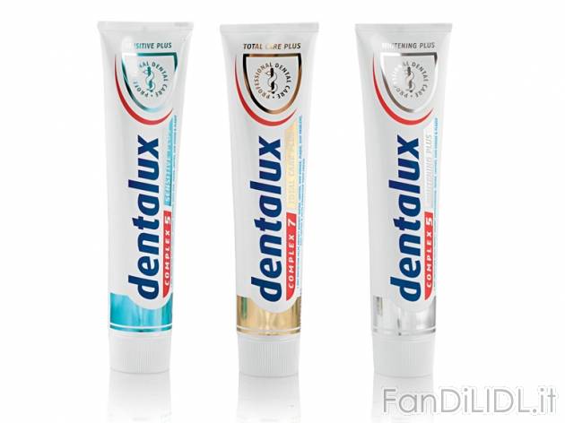 Dentifricio Dentalux, prezzo 1,19 &#8364; per 125 ml, € 9,52/l EUR. 
- Contrasta ...