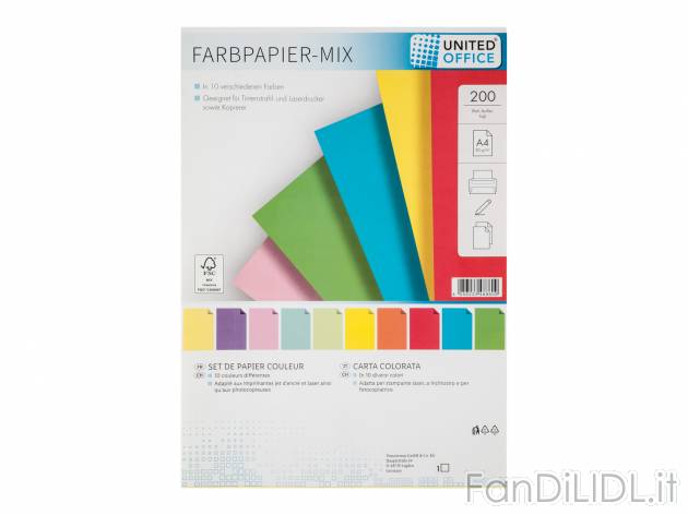 Carta colorata A4 United Office, prezzo 2.99 € 
200 fogli 
- In 10 diversi colori
Questo ...