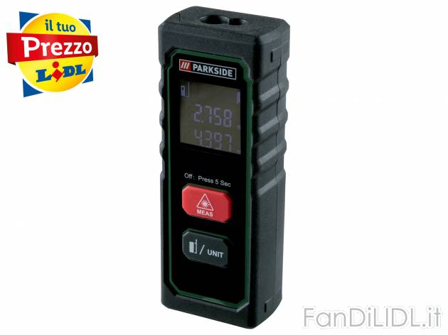 Misuratore di distanza laser Parkside, prezzo 19.99 € 
20 m 
- 2 modi di funzionamento: ...