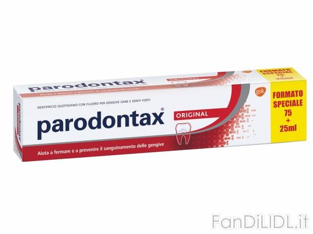 Dentifricio Original Parodontax, prezzo 2.65 € 
FORMATO SPECIALE 75 + 25 ml 
- ...