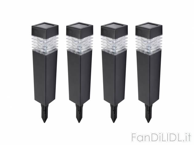 Lampada LED ad energia solare con picchetto Livarno Lux, prezzo 9.99 € 
4 pezzi
Caratteristiche

- ...