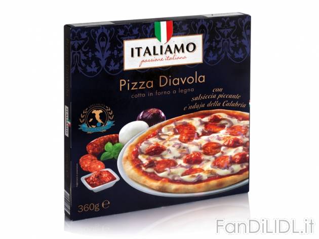 Pizza Diavola Italiamo, prezzo 2,49 &#8364; per 360 g, € 6,92/kg EUR. 
- Cotta ...