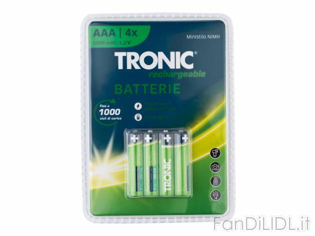 Batterie ricaricabili Tronic, prezzo 4.99 € 
4 pezzi 
- AA o AAA
Caratteristiche ...