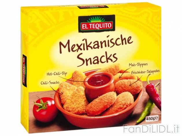Snacks messicani , prezzo 3,49 &#8364; per 450 g, € 7,76/kg EUR. 
- Deliziosi ...