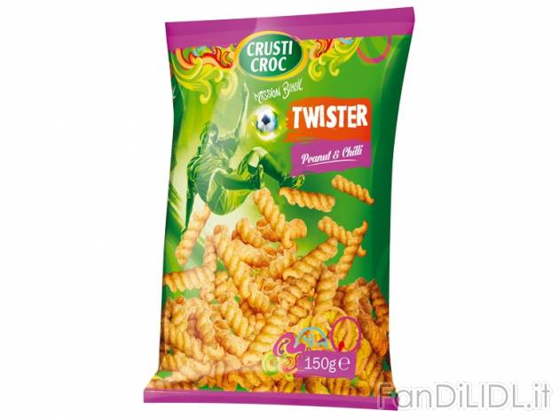 Twister - snack a base di mais , prezzo 0,99 &#8364; per 150 g, (1kg = 6,60) EUR.
