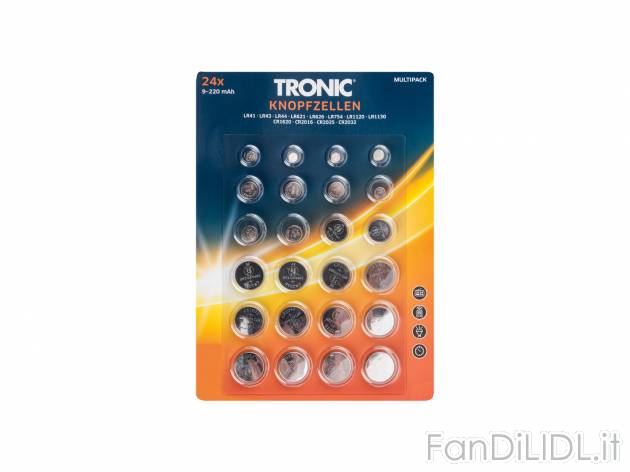 Batterie a bottone Tronic, prezzo 3.99 € 
24 pezzi 
- 12 diversi tipi di batterie
Caratteristiche ...