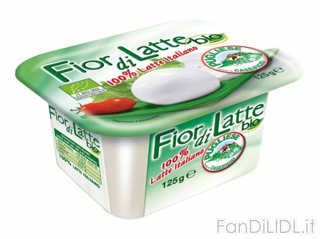 Mozzarella Bio , prezzo 0,99 &#8364; per 125 g, € 7,92/kg EUR. 
- 100% latte ...