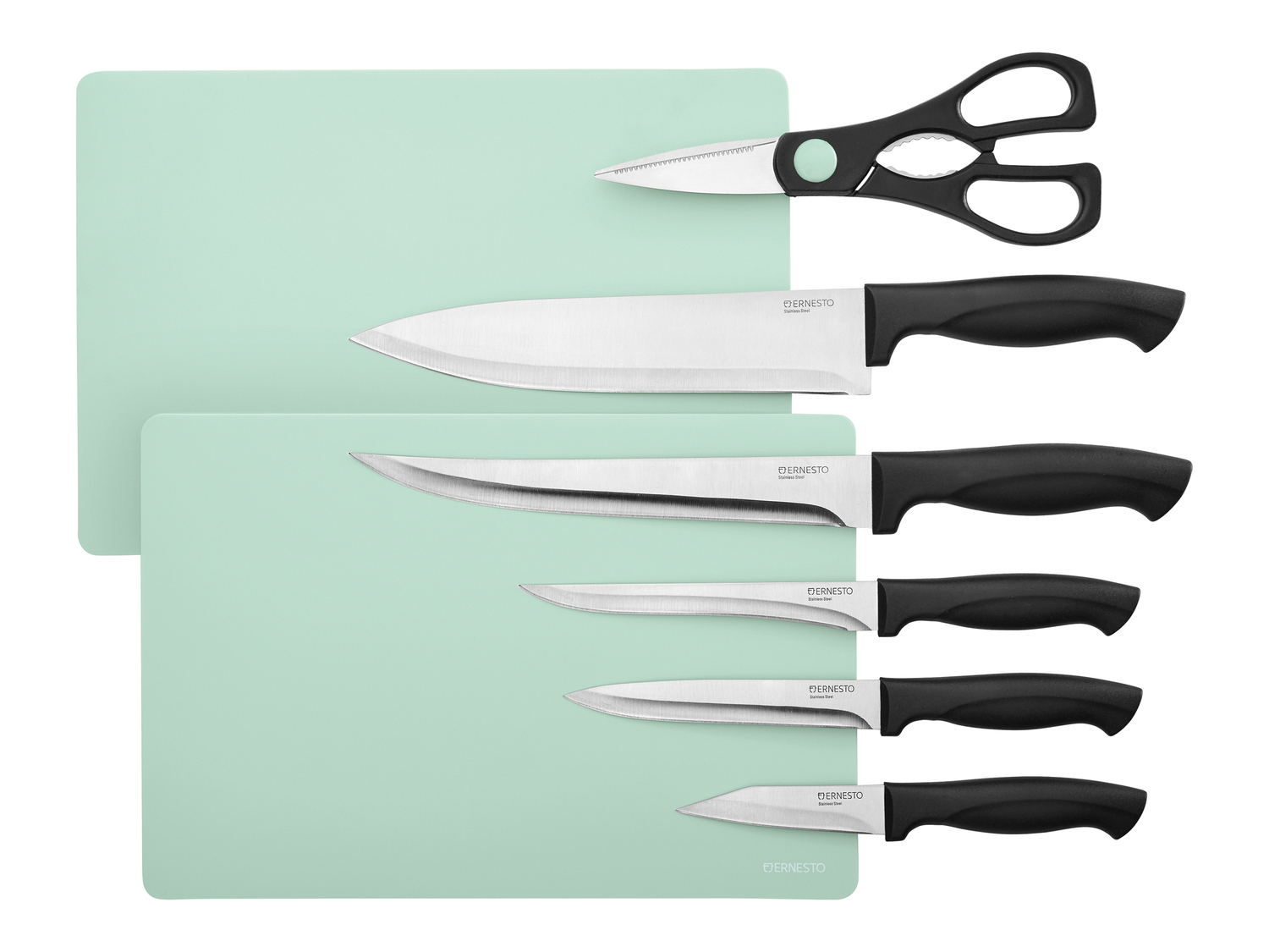 Set coltelli Ernesto, prezzo 9.99 &#8364; 
8 pezzi 
- 2 taglieri inclusi
- Dimensioni ...